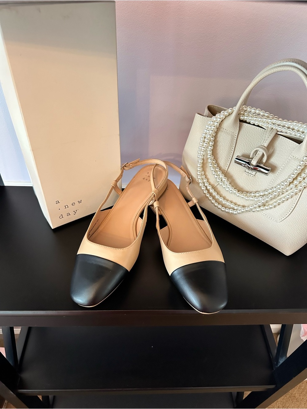 a new day Beige and Black Cap-Toe Slingback Mules